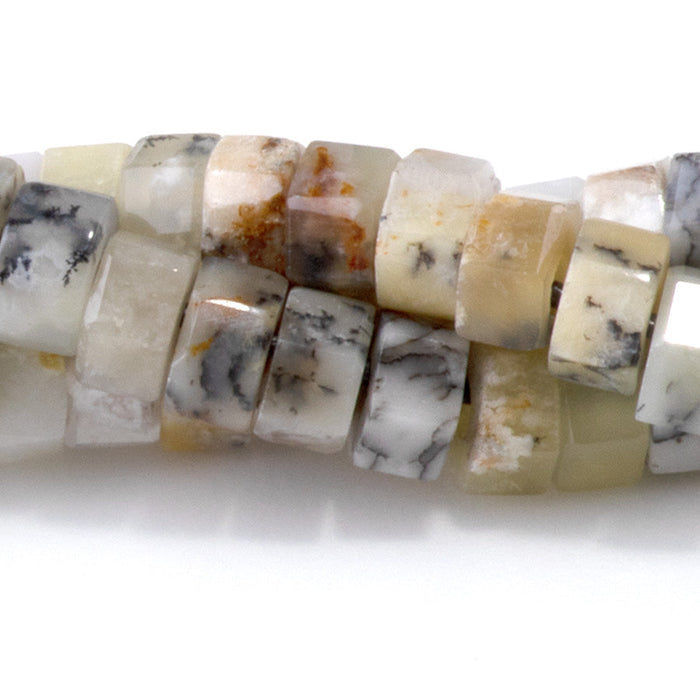 This is a Dakota Stones 6mm Dendritic Opal Large Hole Gemstone strand with faceted hexagon beads in 8 inch strand.