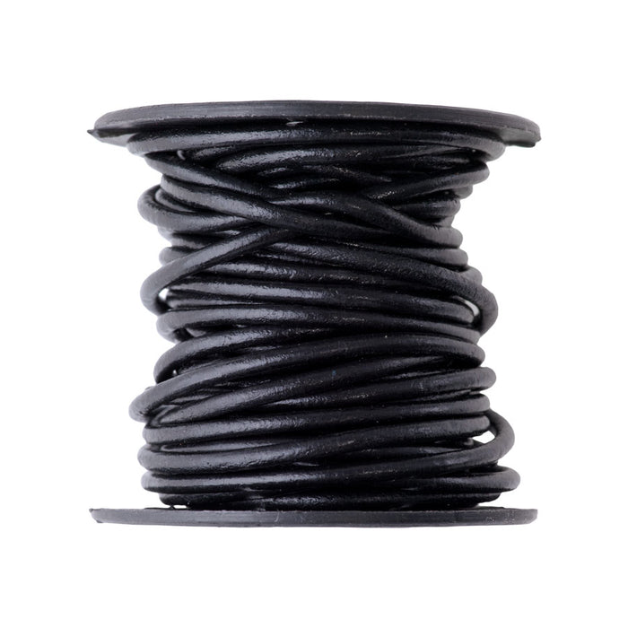 2mm Round Leather Cord in Natural Black - 5 Meter Spool