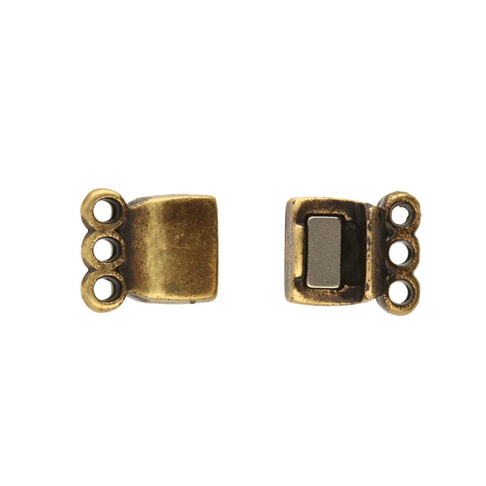 13.7x8.6mm 3 Ring Rectangle Magnetic Clasp - Antique Brass Plated - 4 Pack