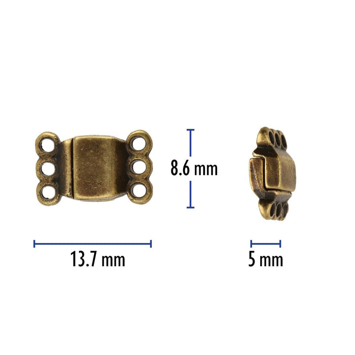 13.7x8.6mm 3 Ring Rectangle Magnetic Clasp - Antique Brass Plated - 4 Pack