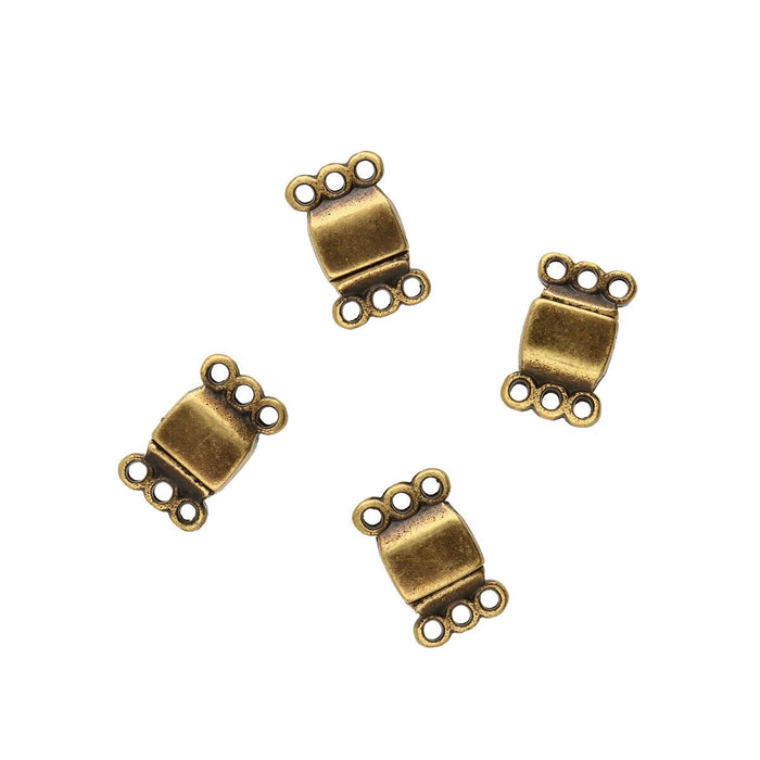 13.7x8.6mm 3 Ring Rectangle Magnetic Clasp - Antique Brass Plated - 4 Pack