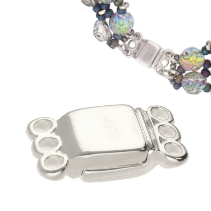 13.7x8.6mm 3 Ring Rectangle Magnetic Clasp - Silver Plated - 4 Pack