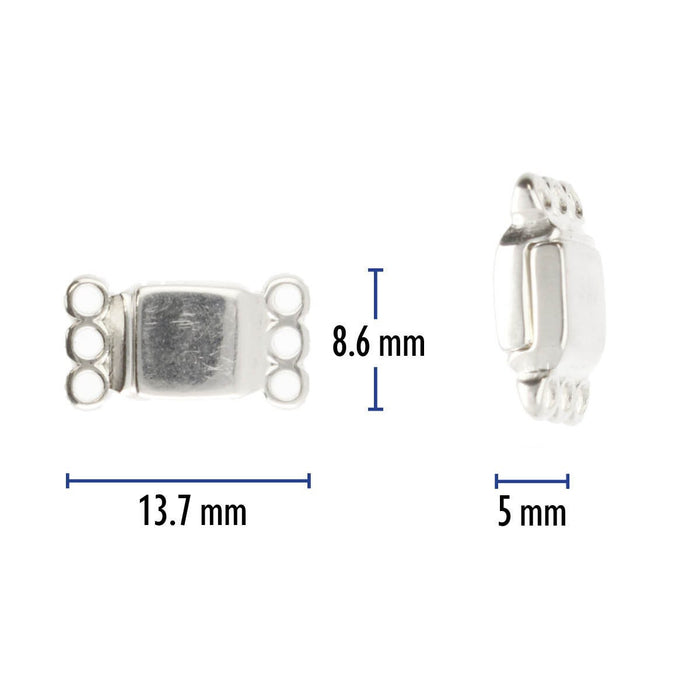 13.7x8.6mm 3 Ring Rectangle Magnetic Clasp - Silver Plated - 4 Pack