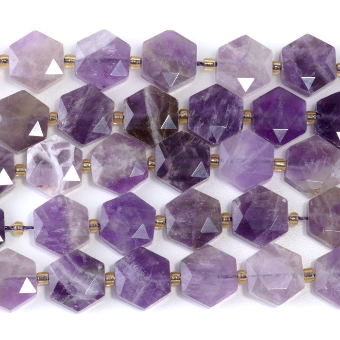 Dog Teeth Amethyst 12x13mm Faceted Hexagon - 15-16 Inch