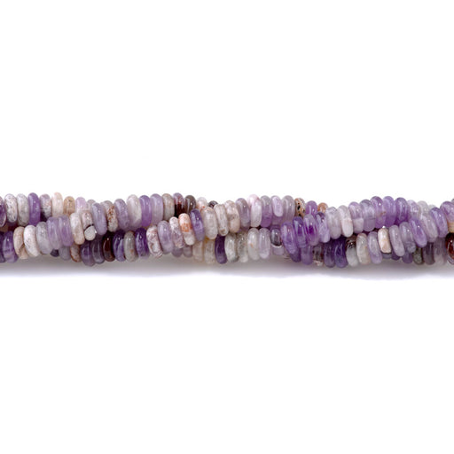 This is a Dakota Stones 2x6mm Dog Teeth Amethyst Thin Gemstone strand with rondelle beads in 15-16 inch strand.