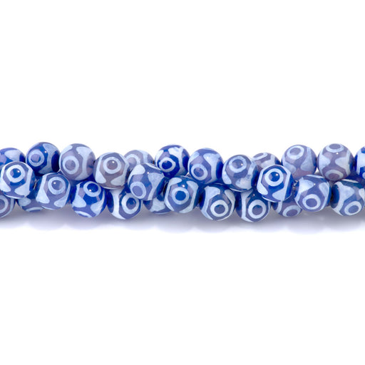 This is a Dakota Stones 10mm DZI Three Eye Agate Blue Gemstone strand with round beads in 15-16 inch strand.