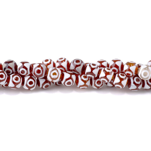 This is a Dakota Stones 10mm DZI Three Eye Agate Red Gemstone strand with round beads in 15-16 inch strand.