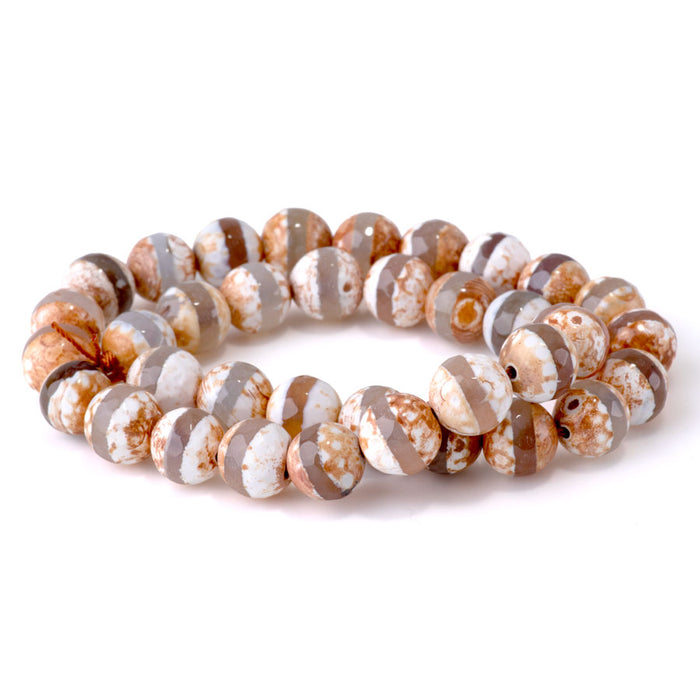 DZI Line Agate 10mm Faceted Round Brown White - 15-16 Inch