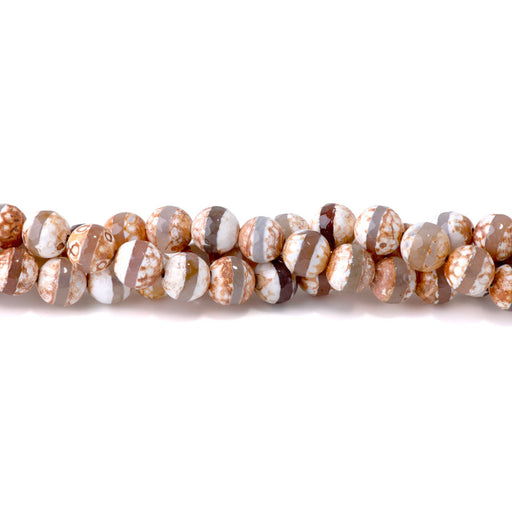 This is a Dakota Stones 10mm DZI Line Agate Brown White Gemstone strand with faceted round beads in 15-16 inch strand.