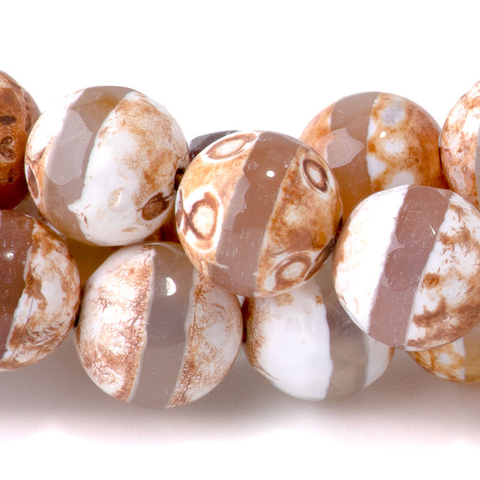 DZI Line Agate 10mm Faceted Round Brown White - 15-16 Inch