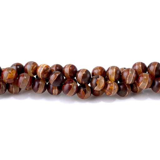 This is a Dakota Stones 10mm DZI Line Agate Red Brown Gemstone strand with round beads in 15-16 inch strand.