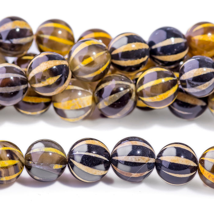 DZI Agate 10mm Round Watermelon Yellow/Black - 15-16 Inch