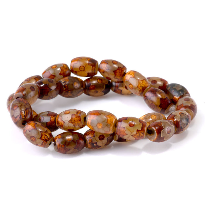 DZI Agate 10x14mm Barrel Brown Flower - 15-16 Inch