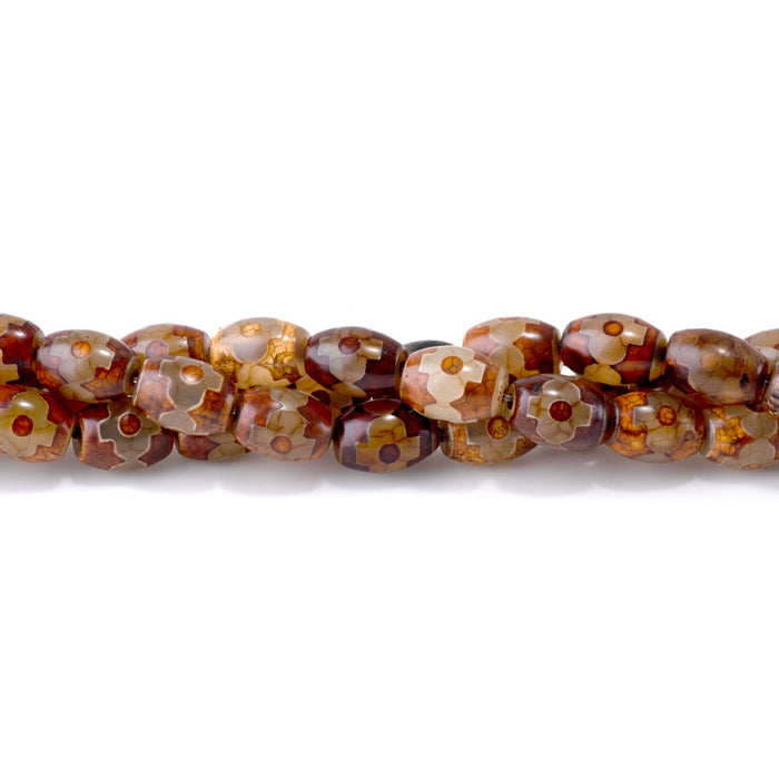 DZI Agate 10x14mm Barrel Brown Flower - 15-16 Inch