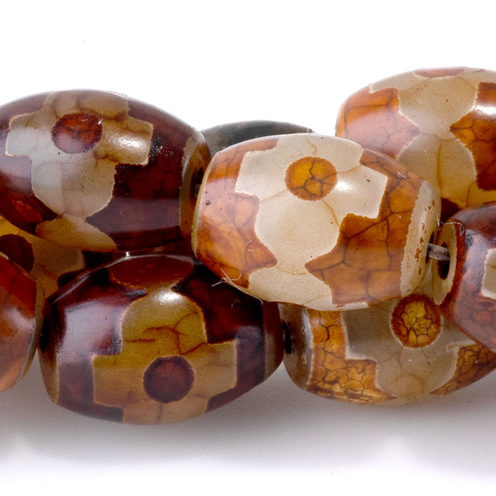 DZI Agate 10x14mm Barrel Brown Flower - 15-16 Inch