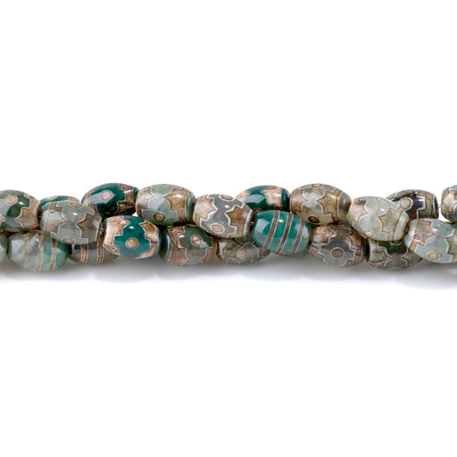 This is a Dakota Stones 10x14mm DZI Agate Green Flower Gemstone strand with barrel beads in 15-16 inch strand.