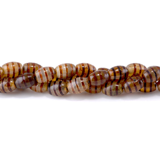 This is a Dakota Stones 10x14mm DZI Agate Brown Line Gemstone strand with barrel beads in 15-16 inch strand.
