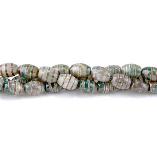 This is a Dakota Stones 10x14mm DZI Agate Green Line Gemstone strand with barrel beads in 15-16 inch strand.