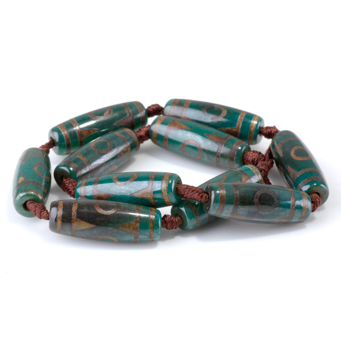 DZI Agate 10x30mm Three Eye Barrel Dark Green - 15-16 Inch