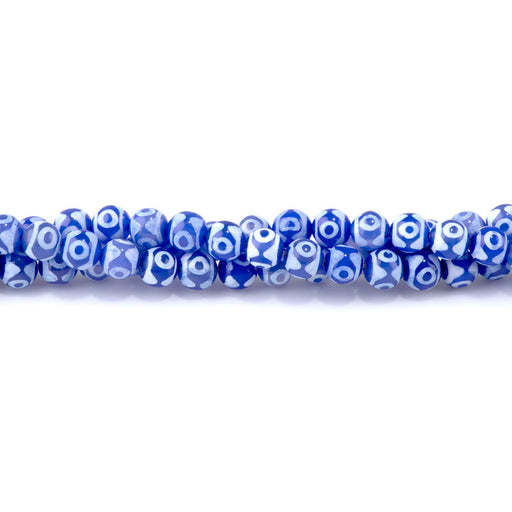 This is a Dakota Stones 8mm DZI Three Eye Agate Blue Gemstone strand with round beads in 15-16 inch strand.