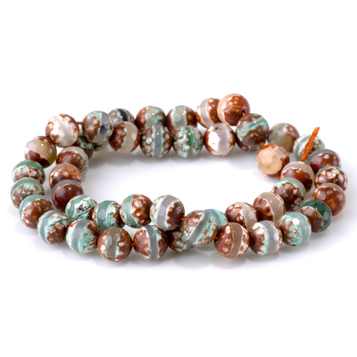 DZI Line Agate 8mm Faceted Round Brown Green - 15-16 Inch