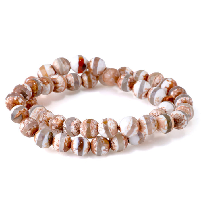 DZI Line Agate 8mm Faceted Round Brown White - 15-16 Inch