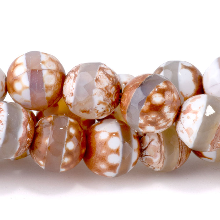 DZI Line Agate 8mm Faceted Round Brown White - 15-16 Inch