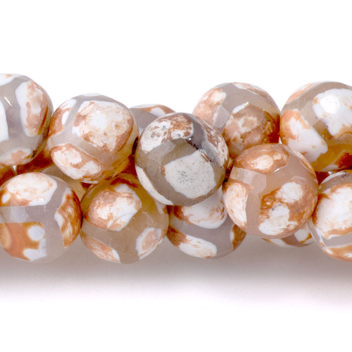 DZI Turtle Agate 8mm Faceted Round Brown White - 15-16 Inch