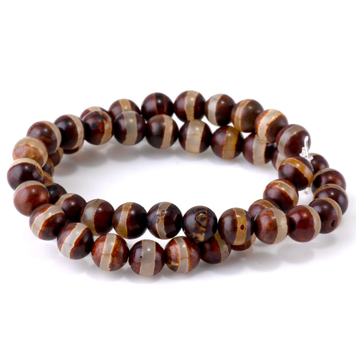 DZI Line Agate 8mm Round Red Brown- 15-16 Inch