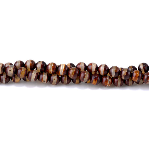 This is a Dakota Stones 8mm DZI Line Agate Red Brown Gemstone strand with round beads in 15-16 inch strand.