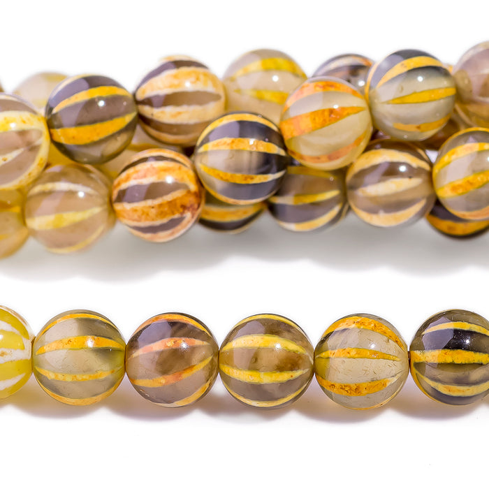 DZI Agate 8mm Round Watermelon Yellow/Black - 15-16 Inch