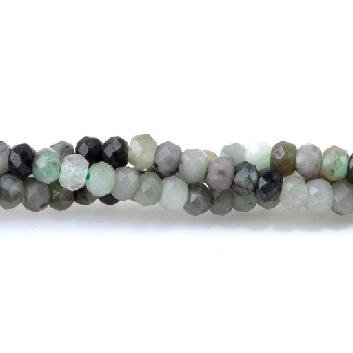 This is a Dakota Stones 3mm Emerald Gemstone strand with faceted rondelle beads in 15-16 inch strand.