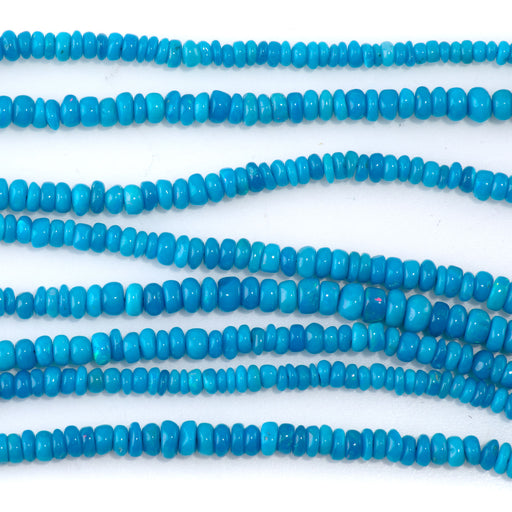 This is a Dakota Stones 1-5mm Ethiopian Opal Sky Blue Gemstone strand with dyed rondelle beads in 18 inch strand.