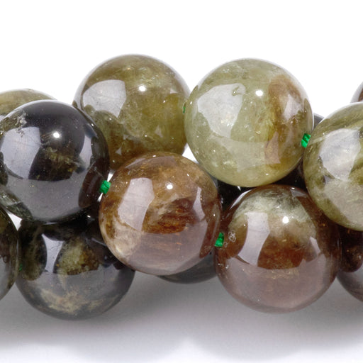 This is a Dakota Stones 10mm Green Garnet Banded Gemstone strand with round beads in 15-16 inch strand.