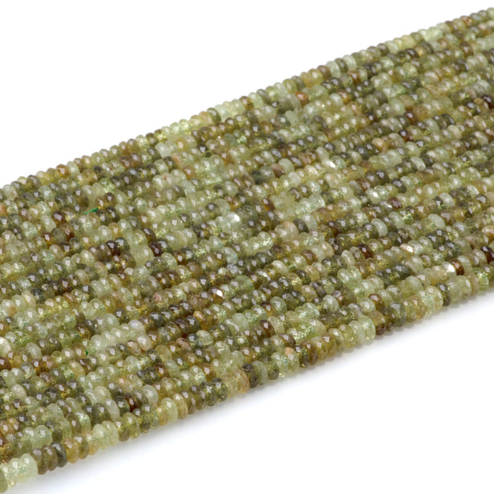 This is a Dakota Stones 2x4mm Green Garnet Gemstone strand with AAA grade faceted rondelle beads in 15-16 inch strand.