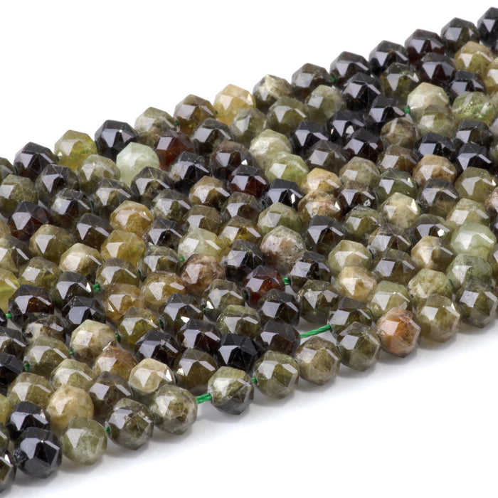 This is a Dakota Stones 6mm Green Garnet Gemstone strand with double heart faceted round beads in 15-16 inch strand.
