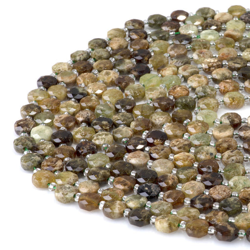 This is a Dakota Stones 8mm Green Garnet Gemstone strand with star cut faceted coin beads in 15-16 inch strand.
