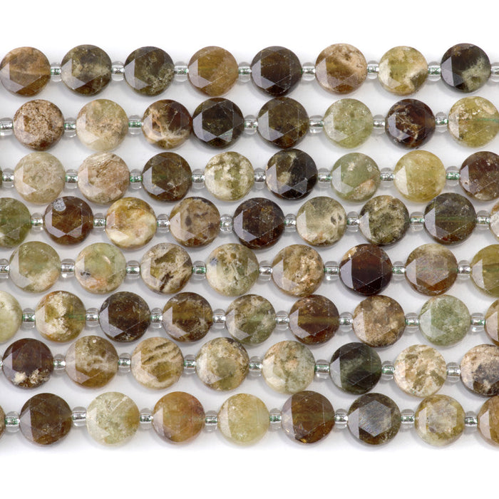 This is a Dakota Stones 8mm Green Garnet Gemstone strand with star cut faceted coin beads in 15-16 inch strand.