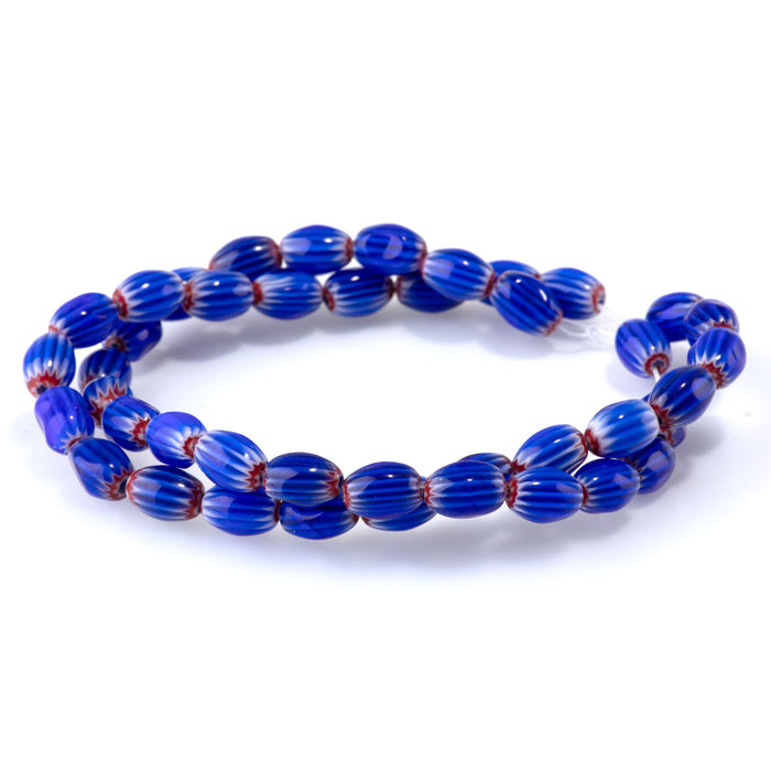 Glass Melon 6x8mm Blue & Red Barrel - 14-15 Inch