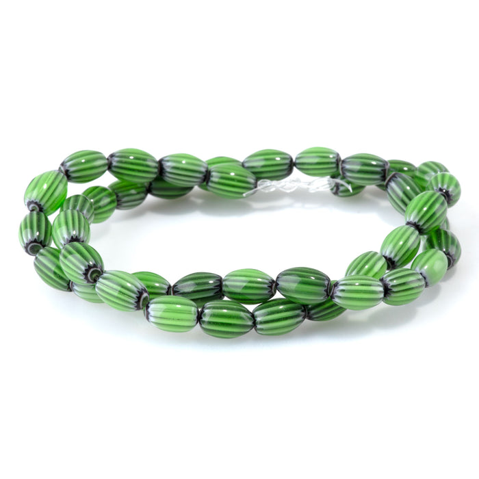 Glass Melon 6x8mm Green & Black Barrel - 14-15 Inch