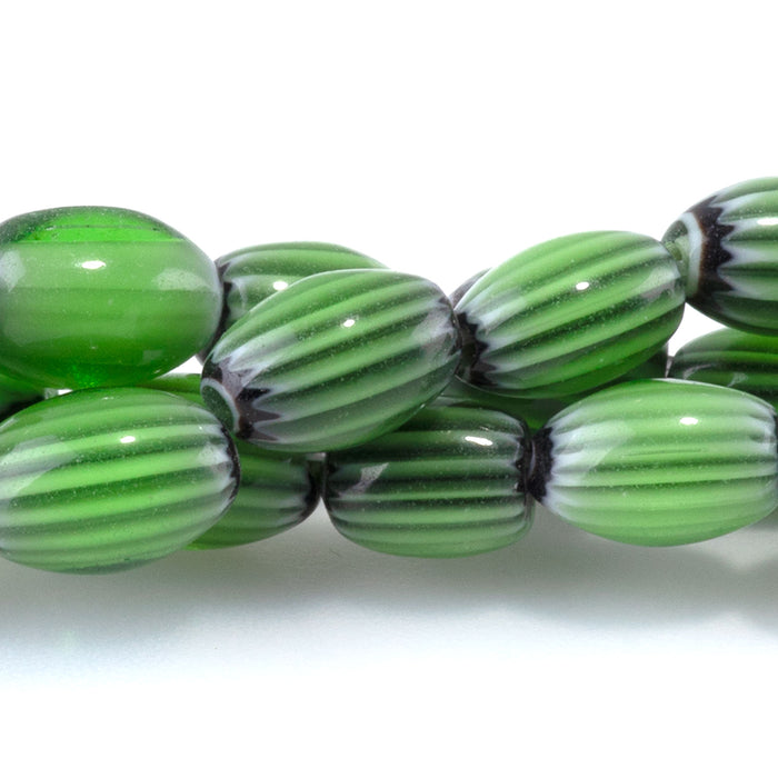 Glass Melon 6x8mm Green & Black Barrel - 14-15 Inch
