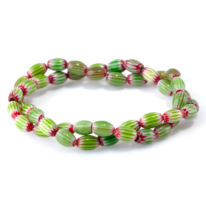 Glass Melon 6x8mm Green & Red Barrel - 14-15 Inch