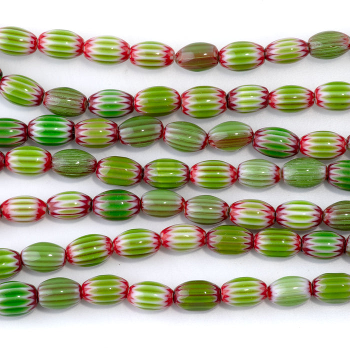 Glass Melon 6x8mm Green & Red Barrel - 14-15 Inch