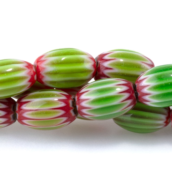 Glass Melon 6x8mm Green & Red Barrel - 14-15 Inch