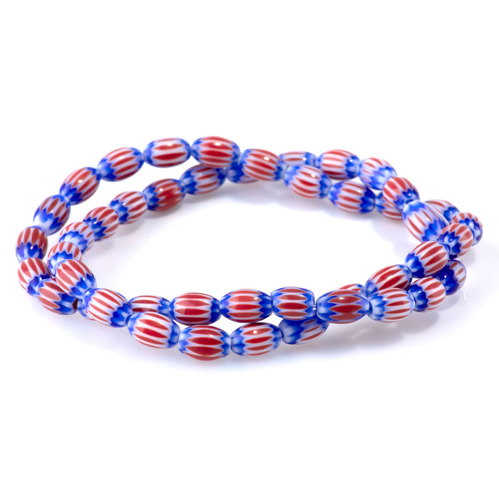 Glass Melon 6x8mm Red & Blue Barrel - 14-15 Inch