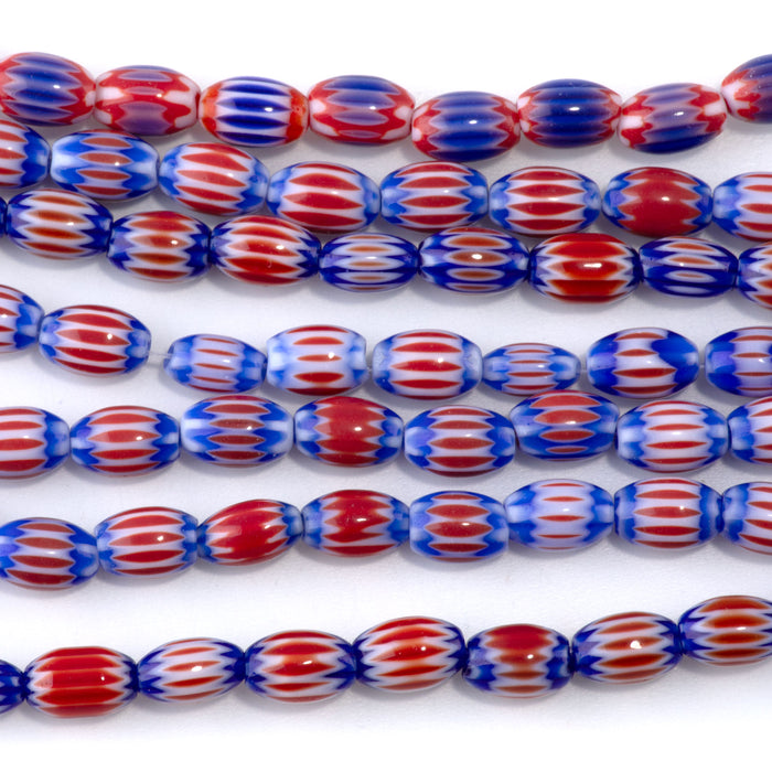 Glass Melon 6x8mm Red & Blue Barrel - 14-15 Inch