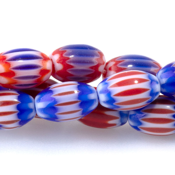 Glass Melon 6x8mm Red & Blue Barrel - 14-15 Inch