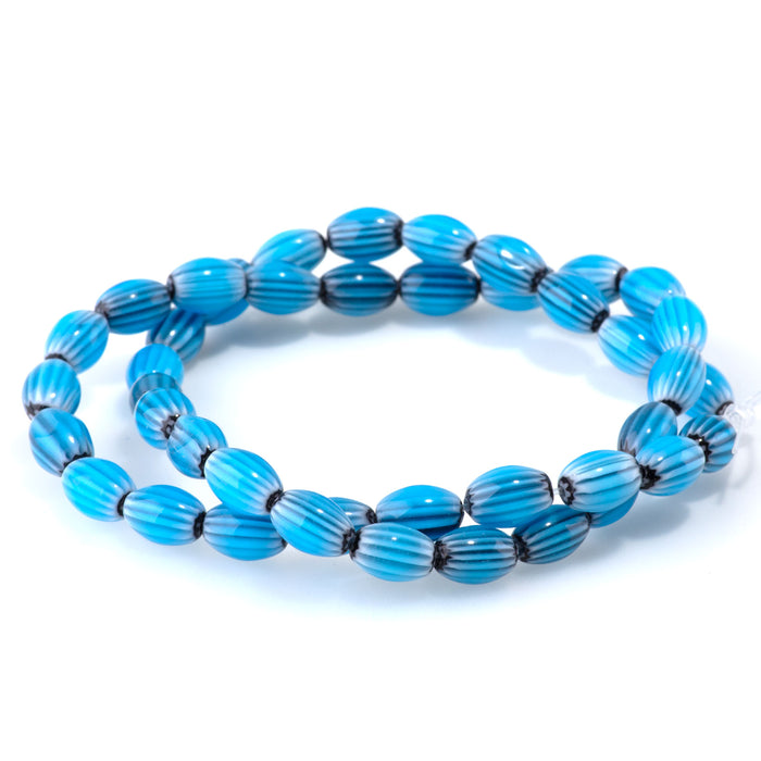 Glass Melon 6x8mm Turquoise & Black Barrel - 14-15 Inch