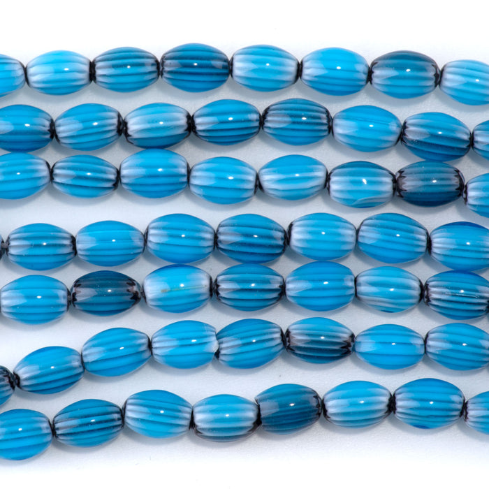 Glass Melon 6x8mm Turquoise & Black Barrel - 14-15 Inch