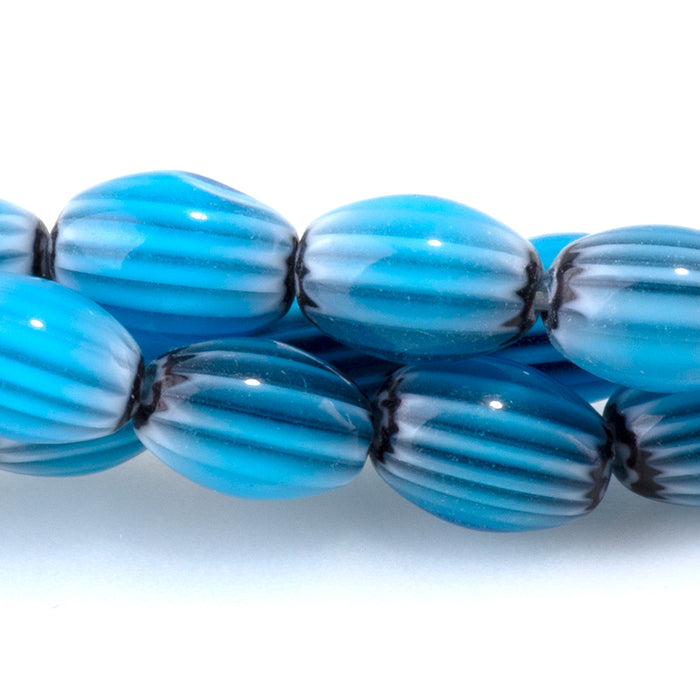 Glass Melon 6x8mm Turquoise & Black Barrel - 14-15 Inch